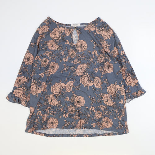 Auburn Womens Blue Floral Polyester Basic Blouse Size L Boat Neck