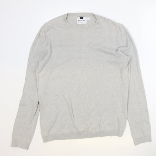 Topshop Mens Grey Round Neck Cotton Pullover Jumper Size S Long Sleeve