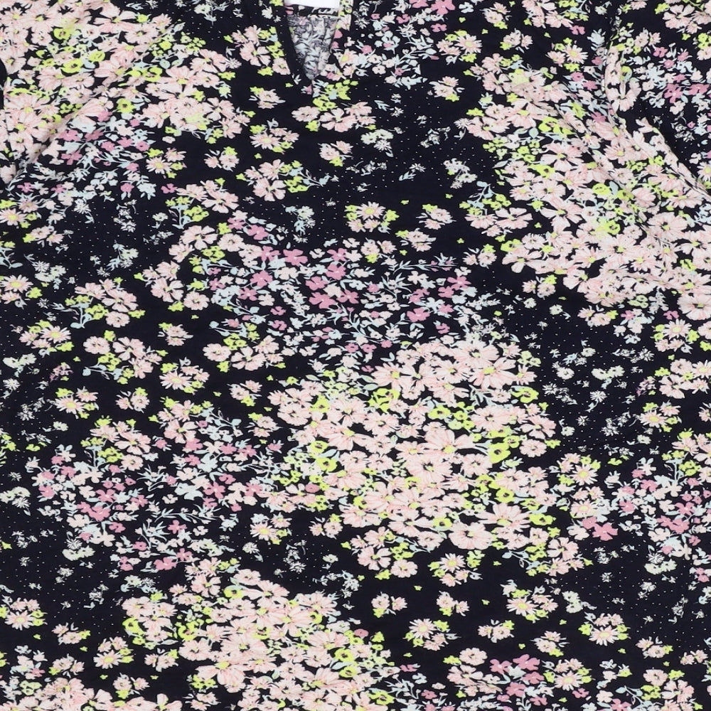 M&Co Womens Black Floral Viscose Basic Blouse Size 18 Boat Neck