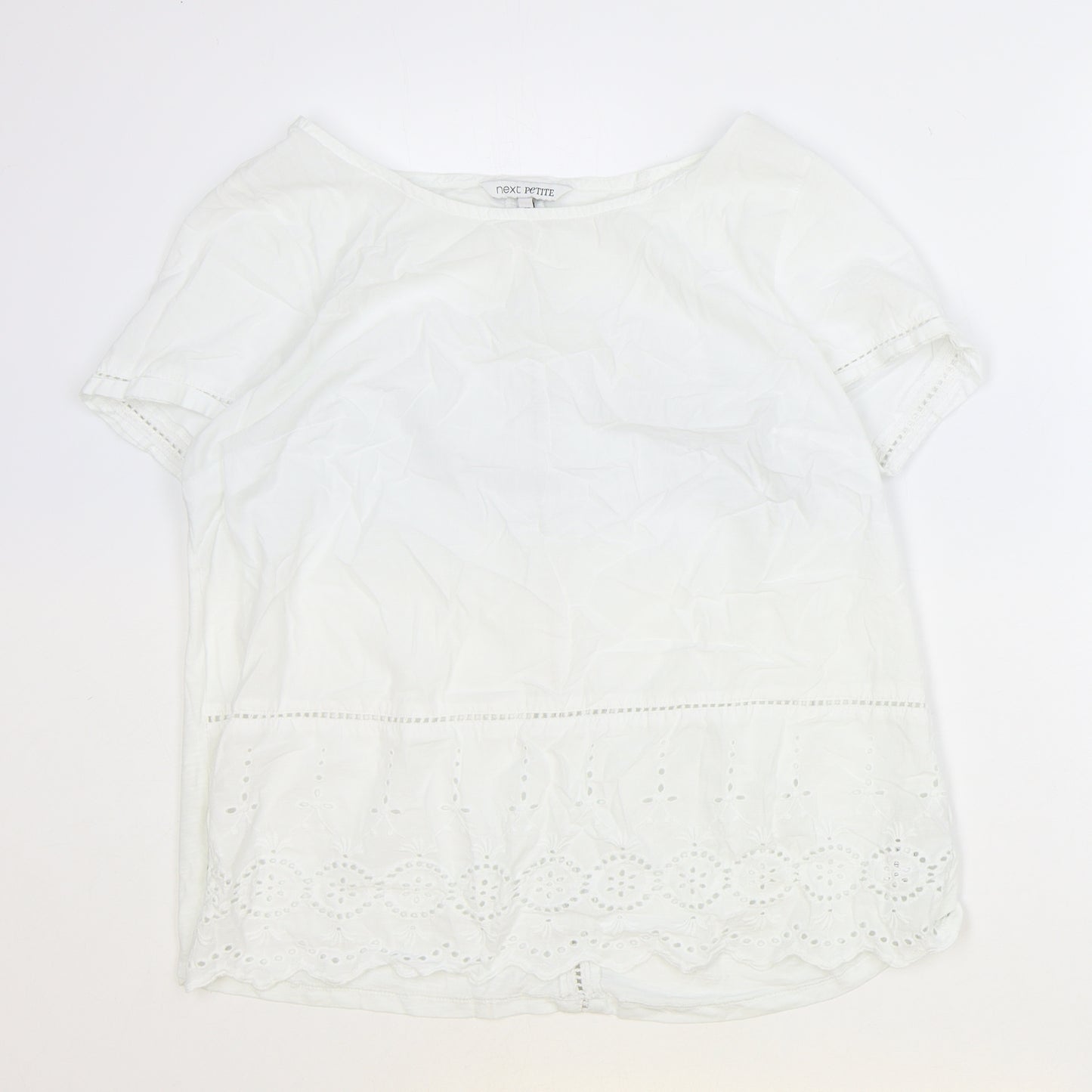 NEXT Womens White 100% Cotton Basic Blouse Size 16 Boat Neck - Broderie Anglaise