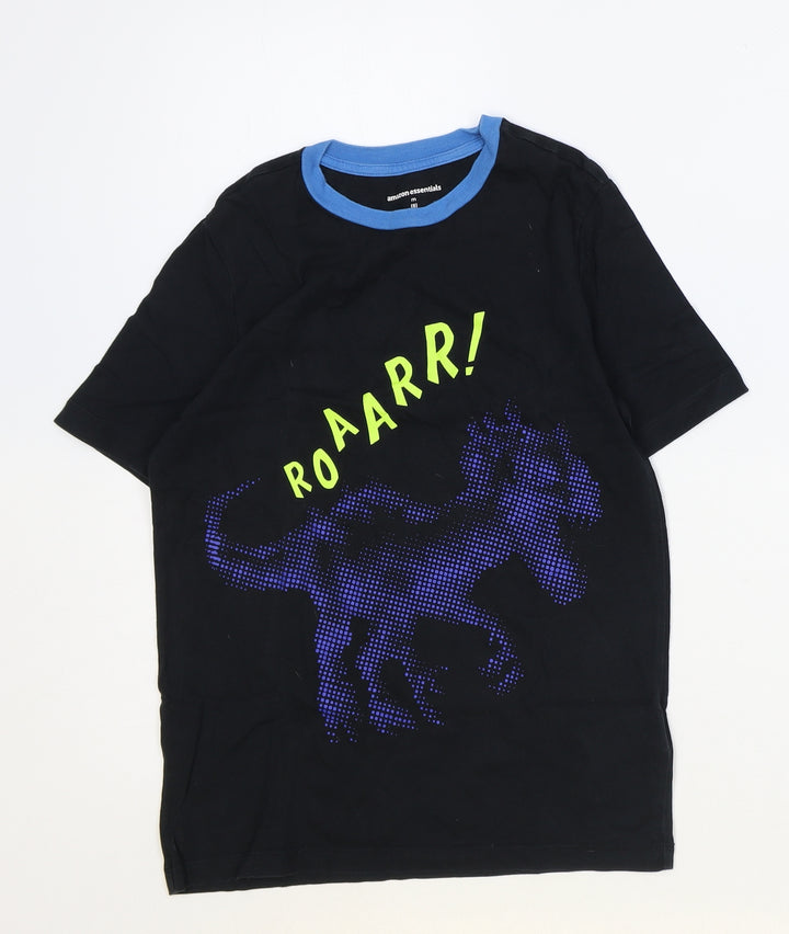 Amazon Boys Black 100% Cotton Basic T-Shirt Size M Round Neck Pullover - Dinosaur