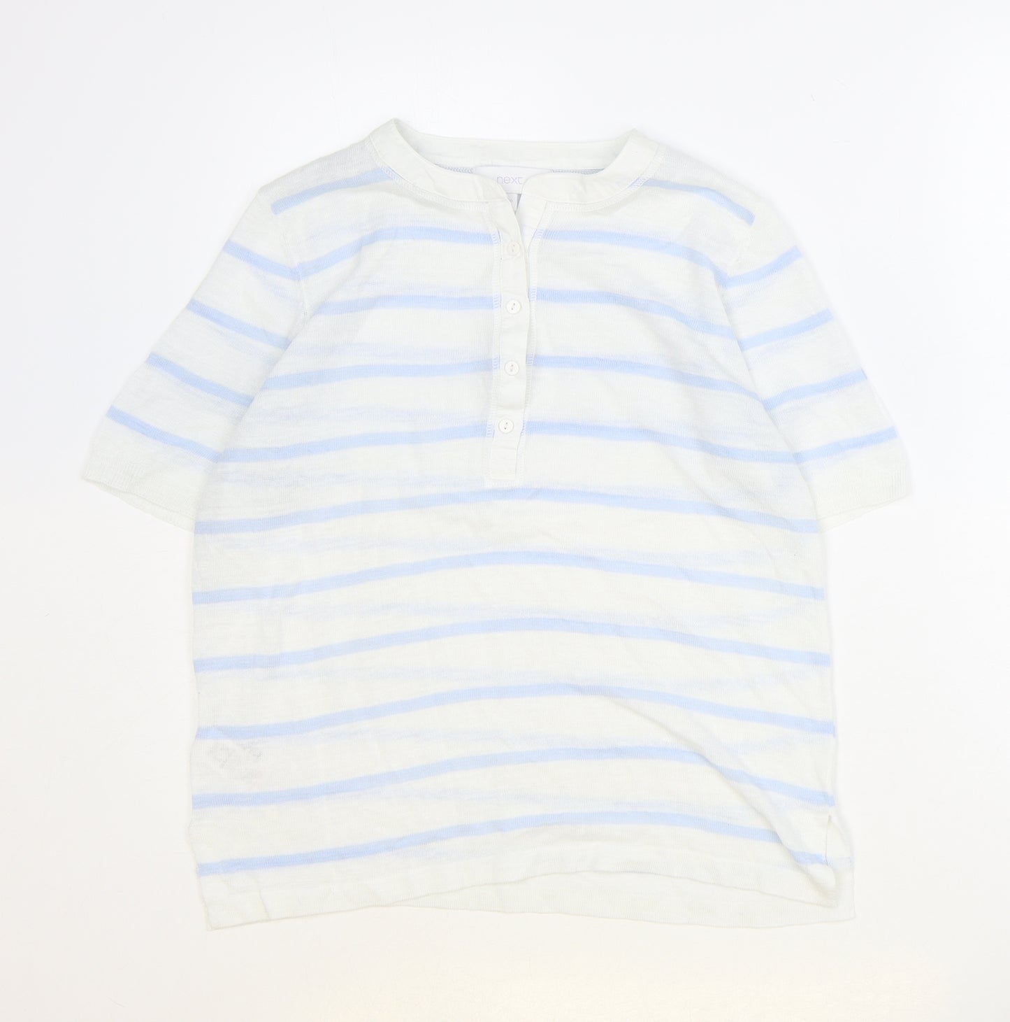 NEXT Womens Ivory Striped Linen Basic T-Shirt Size 10 Round Neck