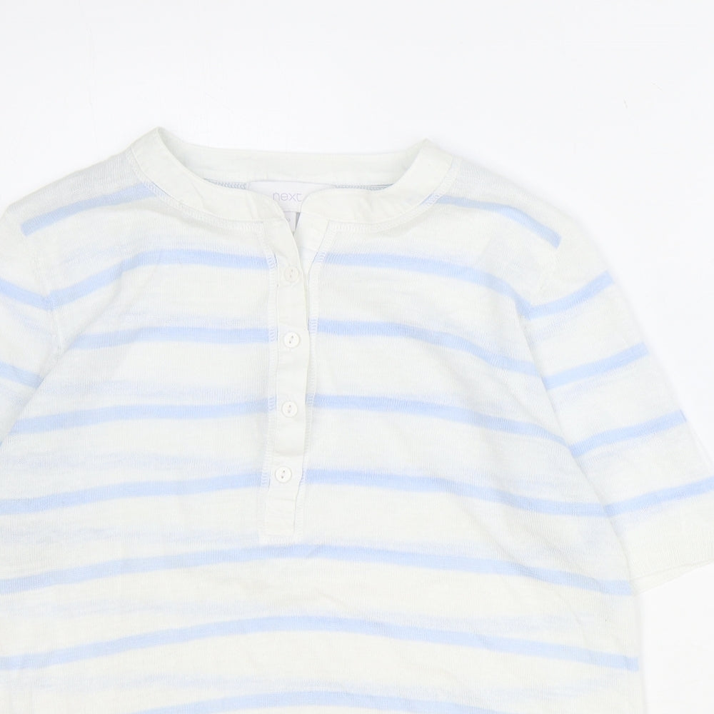 NEXT Womens Ivory Striped Linen Basic T-Shirt Size 10 Round Neck