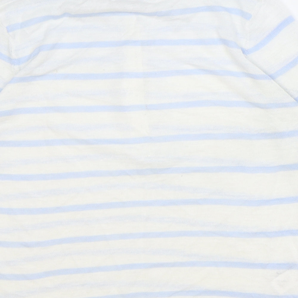 NEXT Womens Ivory Striped Linen Basic T-Shirt Size 10 Round Neck