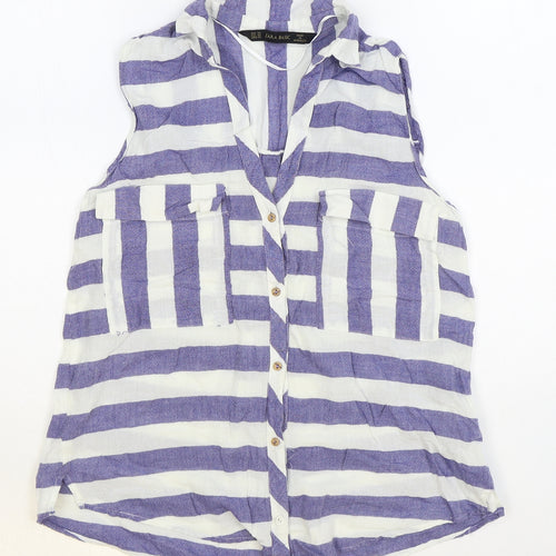 Zara Womens Blue Striped 100% Cotton Basic Button-Up Size XS Collared