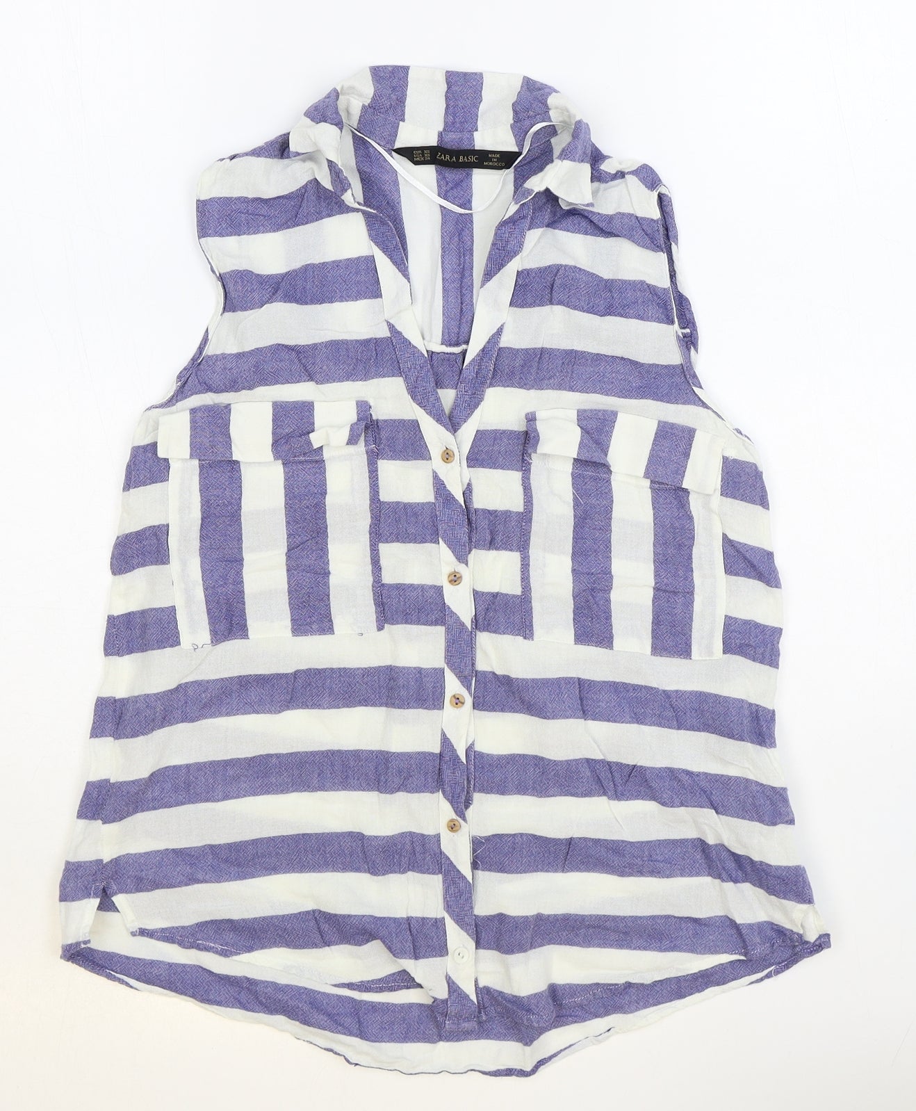 Zara Womens Blue Striped 100% Cotton Basic Button-Up Size XS Collared