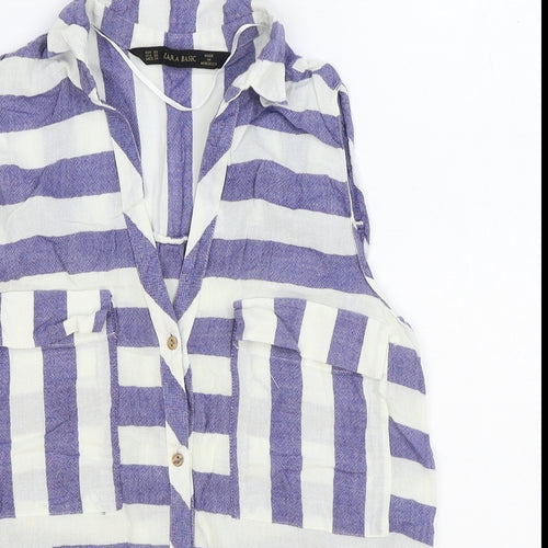 Zara Womens Blue Striped 100% Cotton Basic Button-Up Size XS Collared