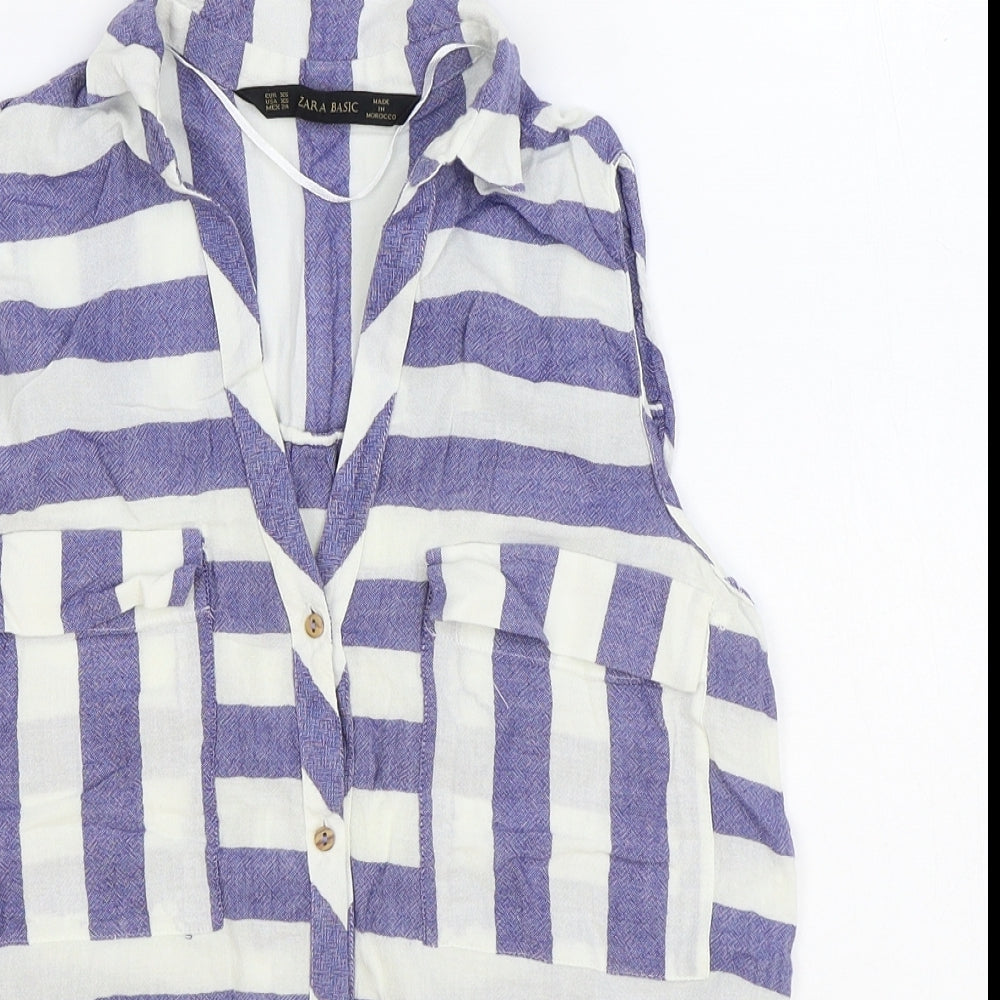 Zara Womens Blue Striped 100% Cotton Basic Button-Up Size XS Collared