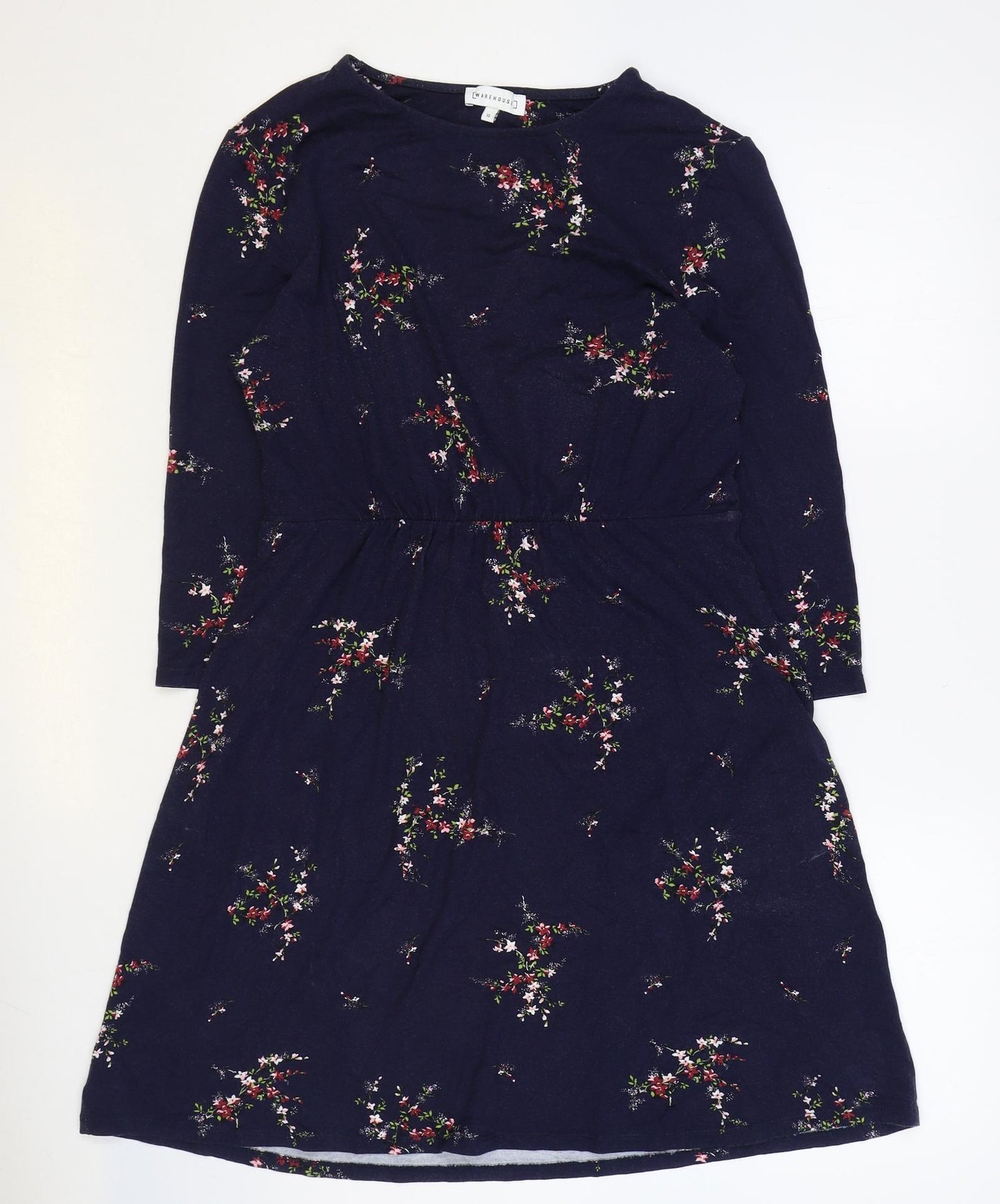 Warehouse Womens Blue Floral Viscose Fit & Flare Size 12 Boat Neck Pullover