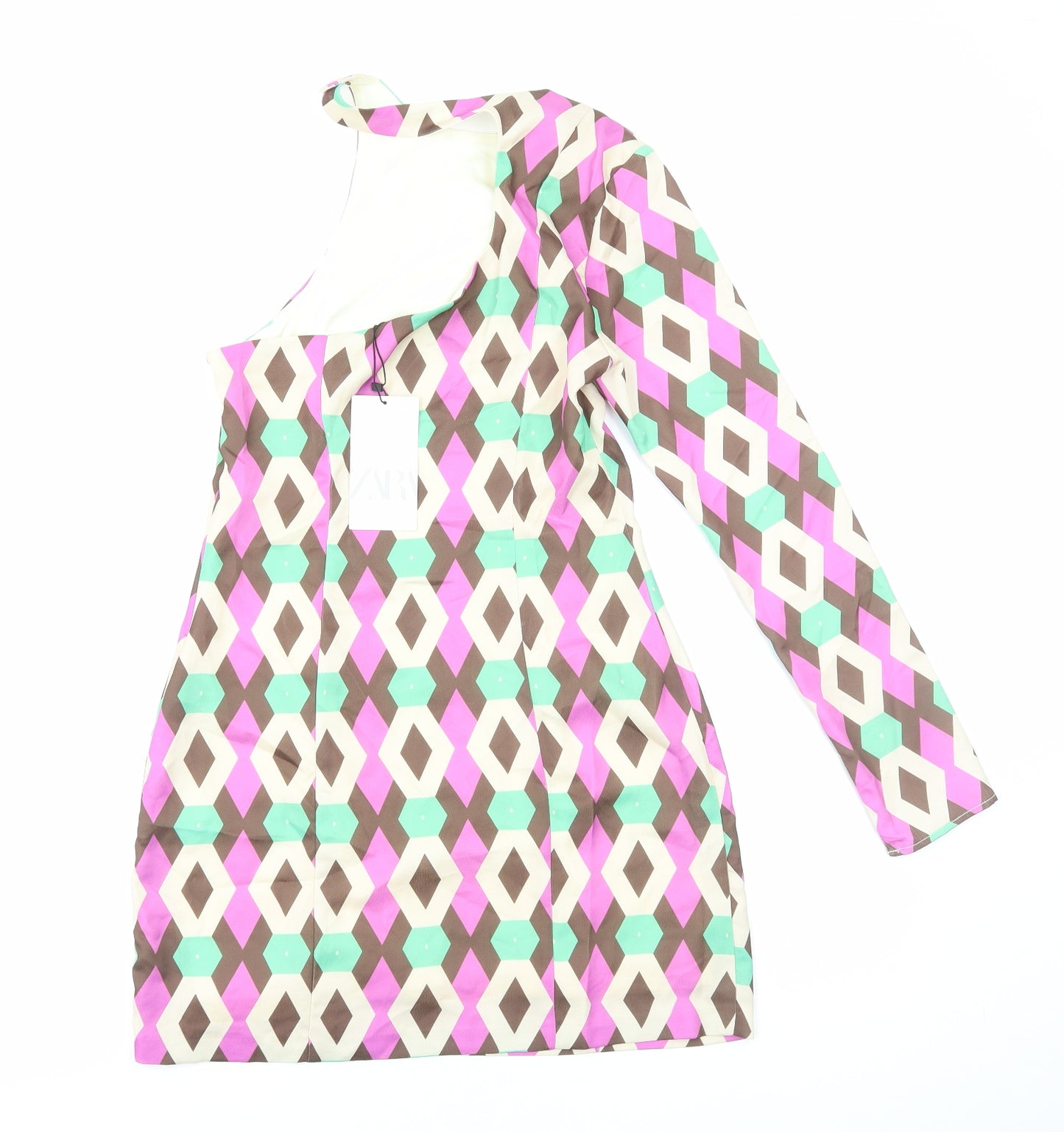 Zara Womens Multicoloured Geometric Polyester Bodycon Size S One Shoulder Zip
