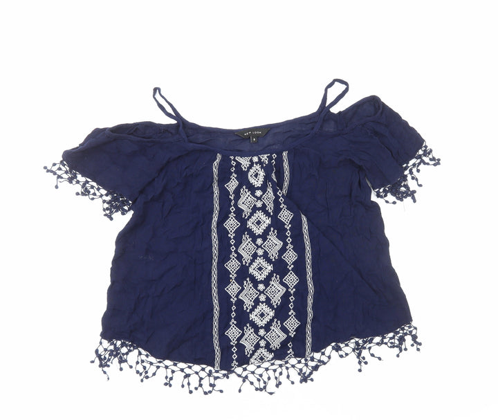 New Look Womens Blue Geometric Viscose Basic Blouse Size 8 Off the Shoulder
