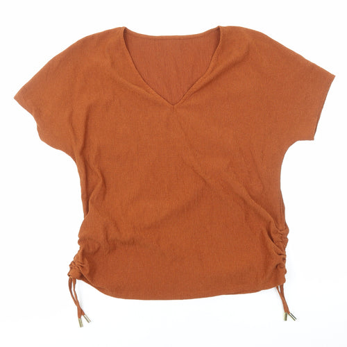 Preworn Womens Brown Polyester Basic T-Shirt Size M V-Neck - Ruched Sides