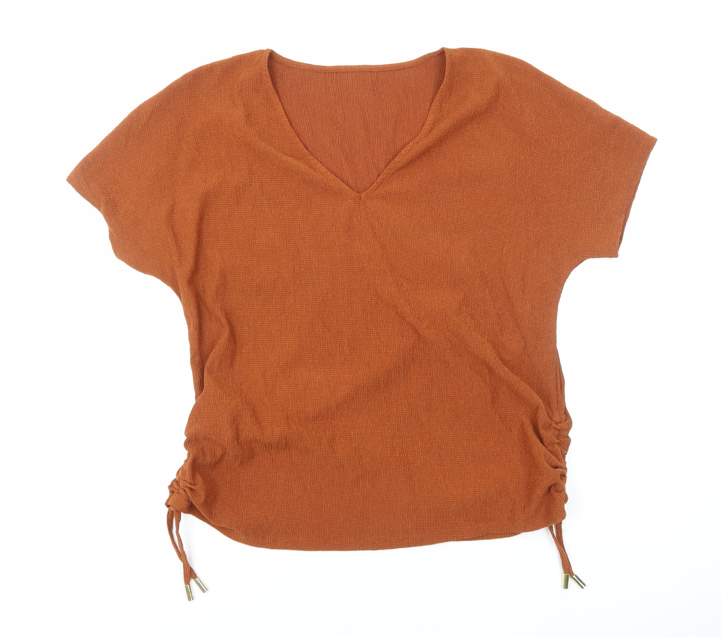 Preworn Womens Brown Polyester Basic T-Shirt Size M V-Neck - Ruched Sides