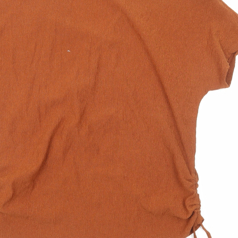 Preworn Womens Brown Polyester Basic T-Shirt Size M V-Neck - Ruched Sides