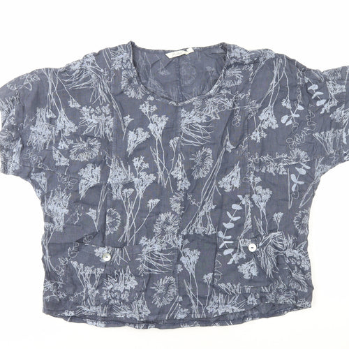Adini Womens Blue Floral Cotton Basic T-Shirt Size M Round Neck