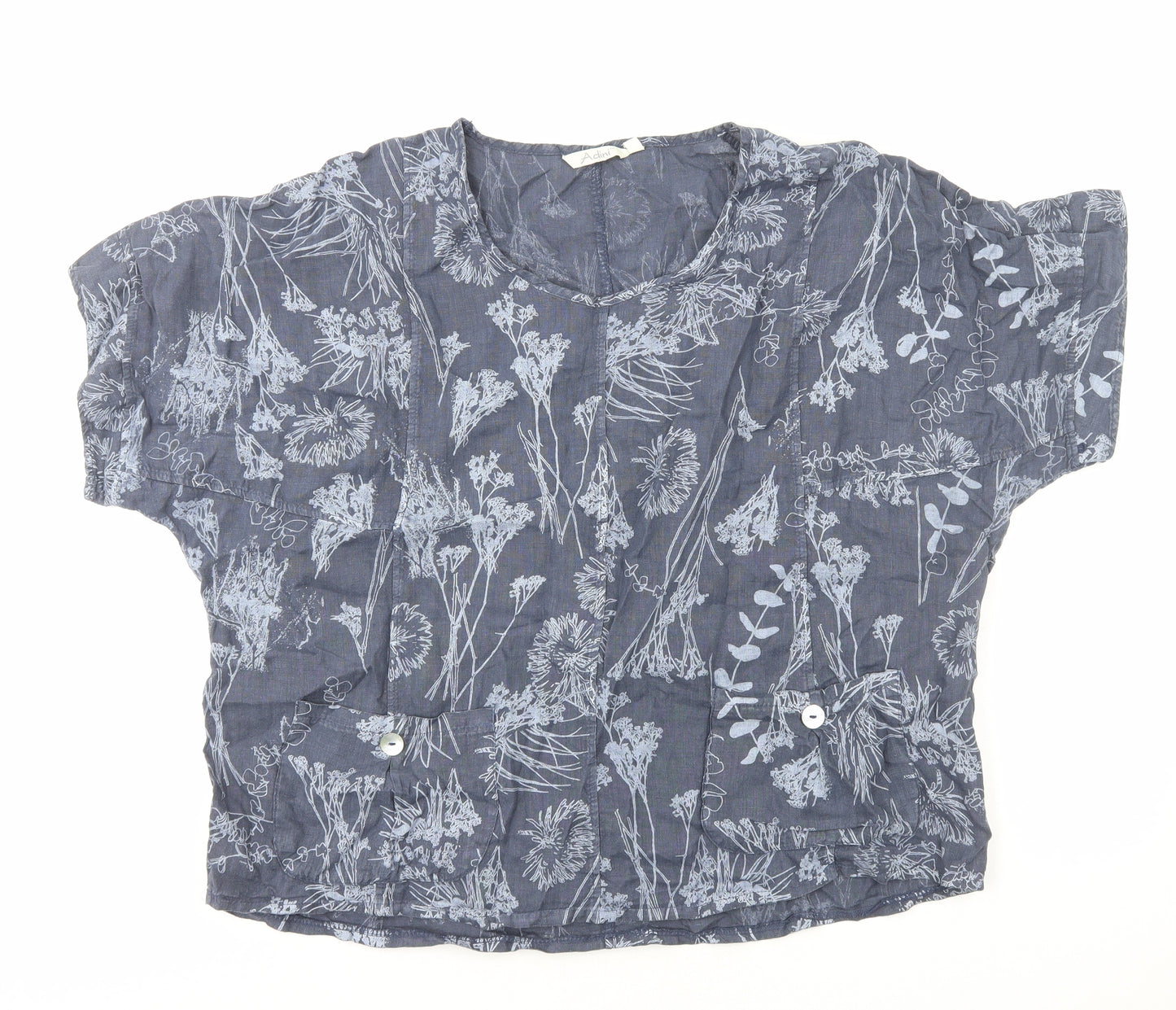 Adini Womens Blue Floral Cotton Basic T-Shirt Size M Round Neck