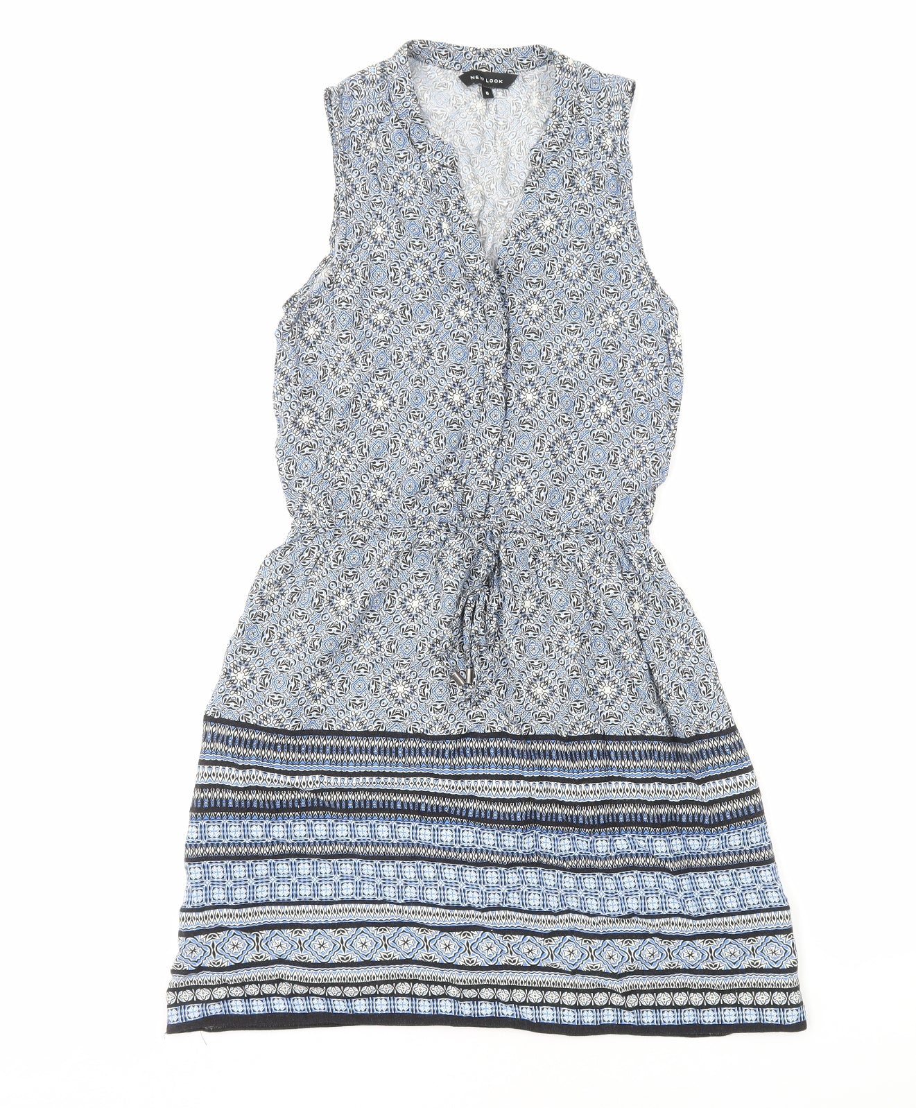 New Look Womens Blue Geometric Viscose A-Line Size 8 V-Neck Pullover
