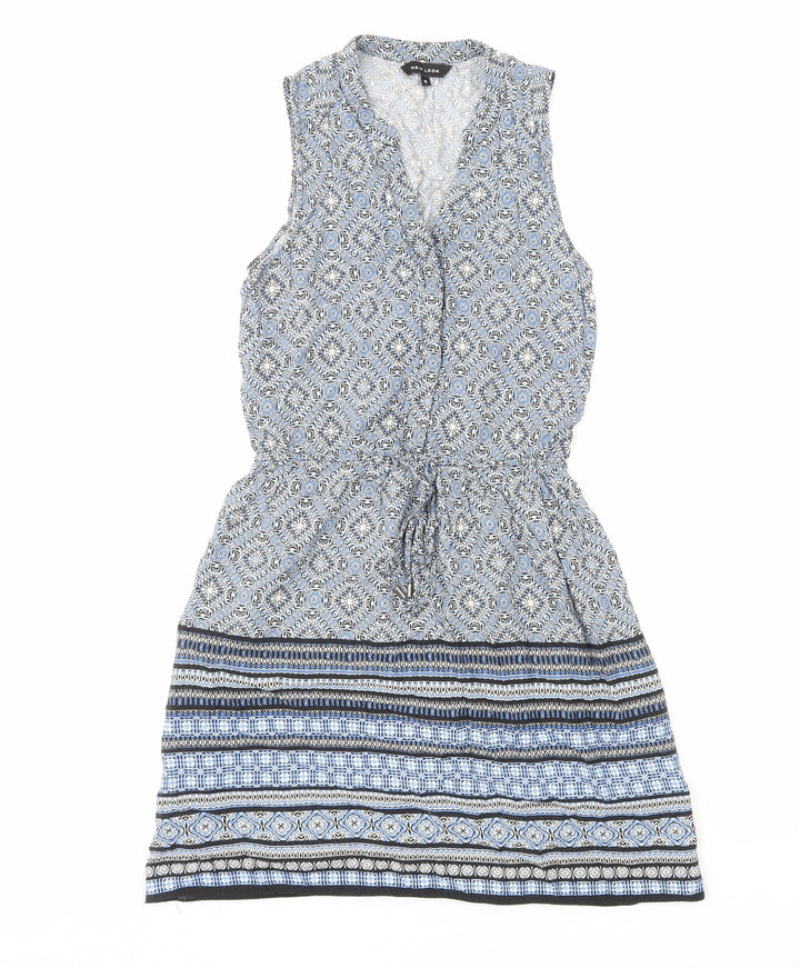 New Look Womens Blue Geometric Viscose A-Line Size 8 V-Neck Pullover