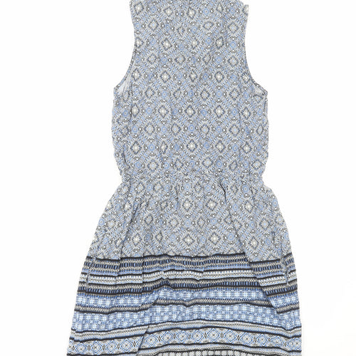 New Look Womens Blue Geometric Viscose A-Line Size 8 V-Neck Pullover