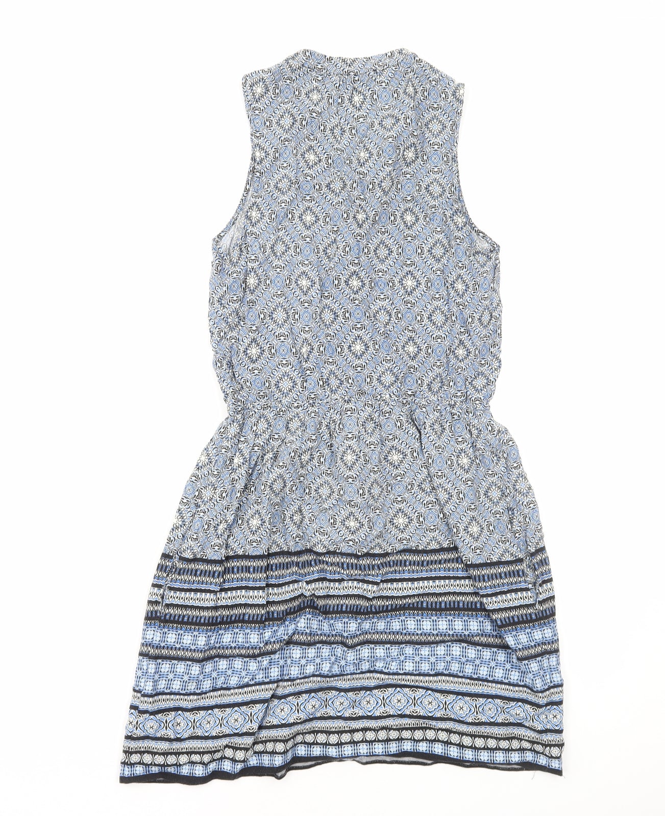 New Look Womens Blue Geometric Viscose A-Line Size 8 V-Neck Pullover