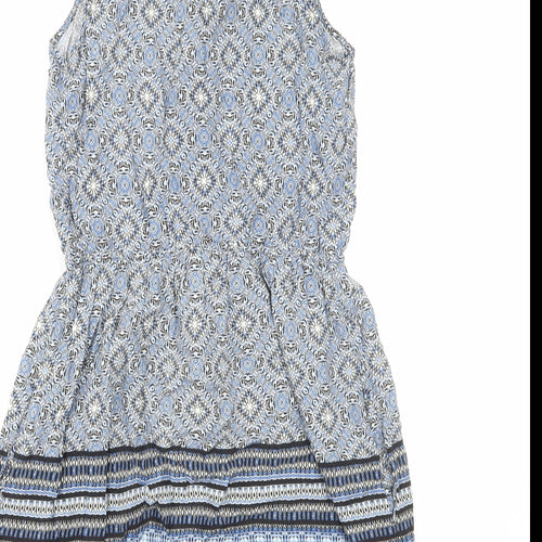 New Look Womens Blue Geometric Viscose A-Line Size 8 V-Neck Pullover