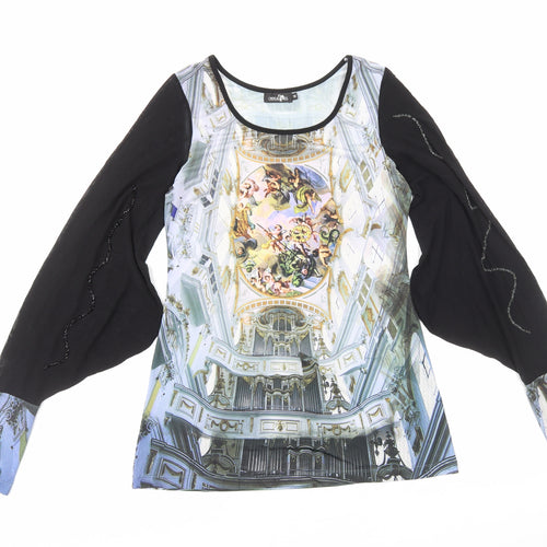 Critical Pass Womens Black Geometric Polyester Basic Blouse Size 10 Boat Neck