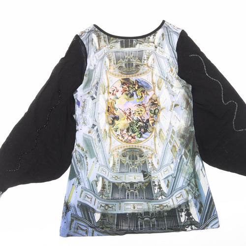 Critical Pass Womens Black Geometric Polyester Basic Blouse Size 10 Boat Neck