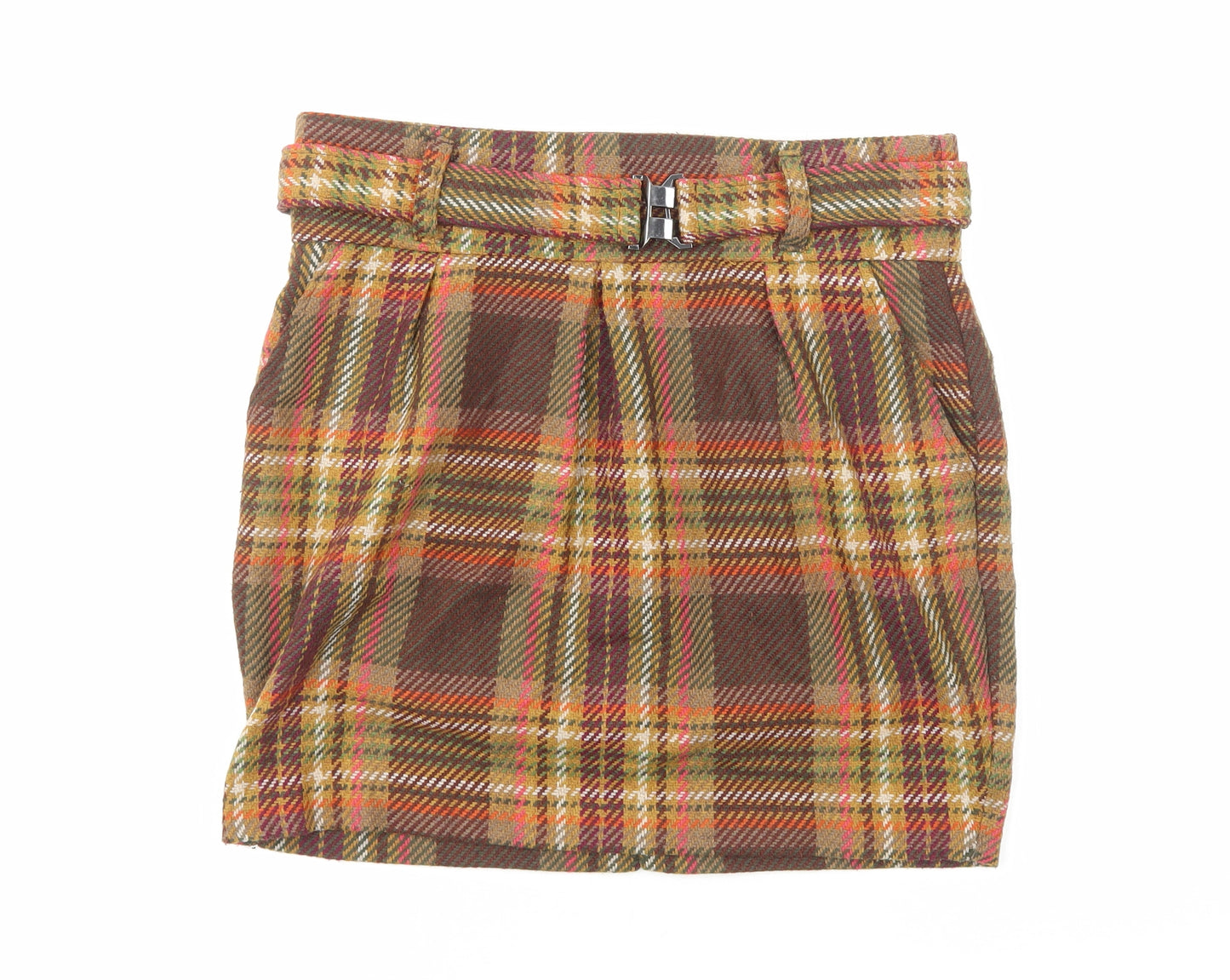 NEXT Womens Brown Plaid Polyester Mini Skirt Size 10 Zip - Belt Included
