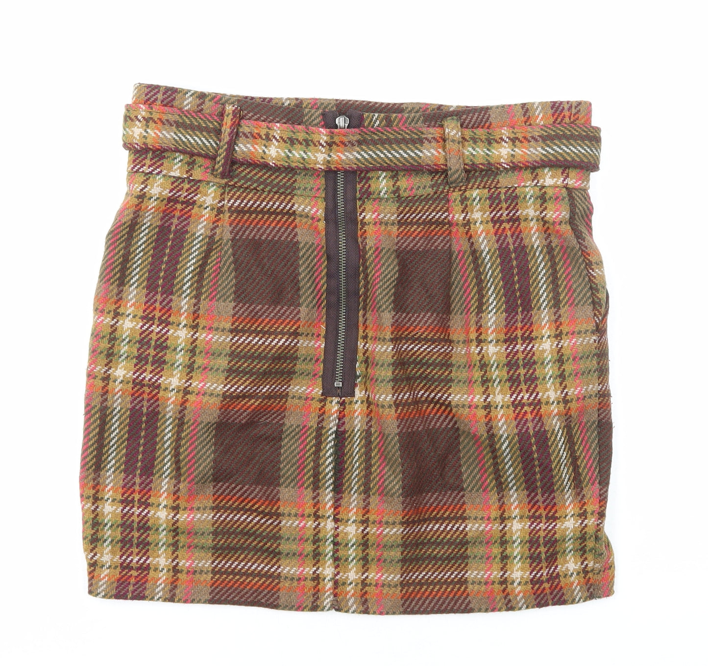NEXT Womens Brown Plaid Polyester Mini Skirt Size 10 Zip - Belt Included