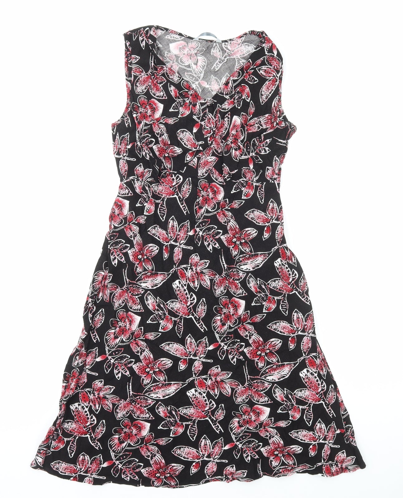 TU Womens Black Floral Viscose A-Line Size 14 V-Neck Pullover