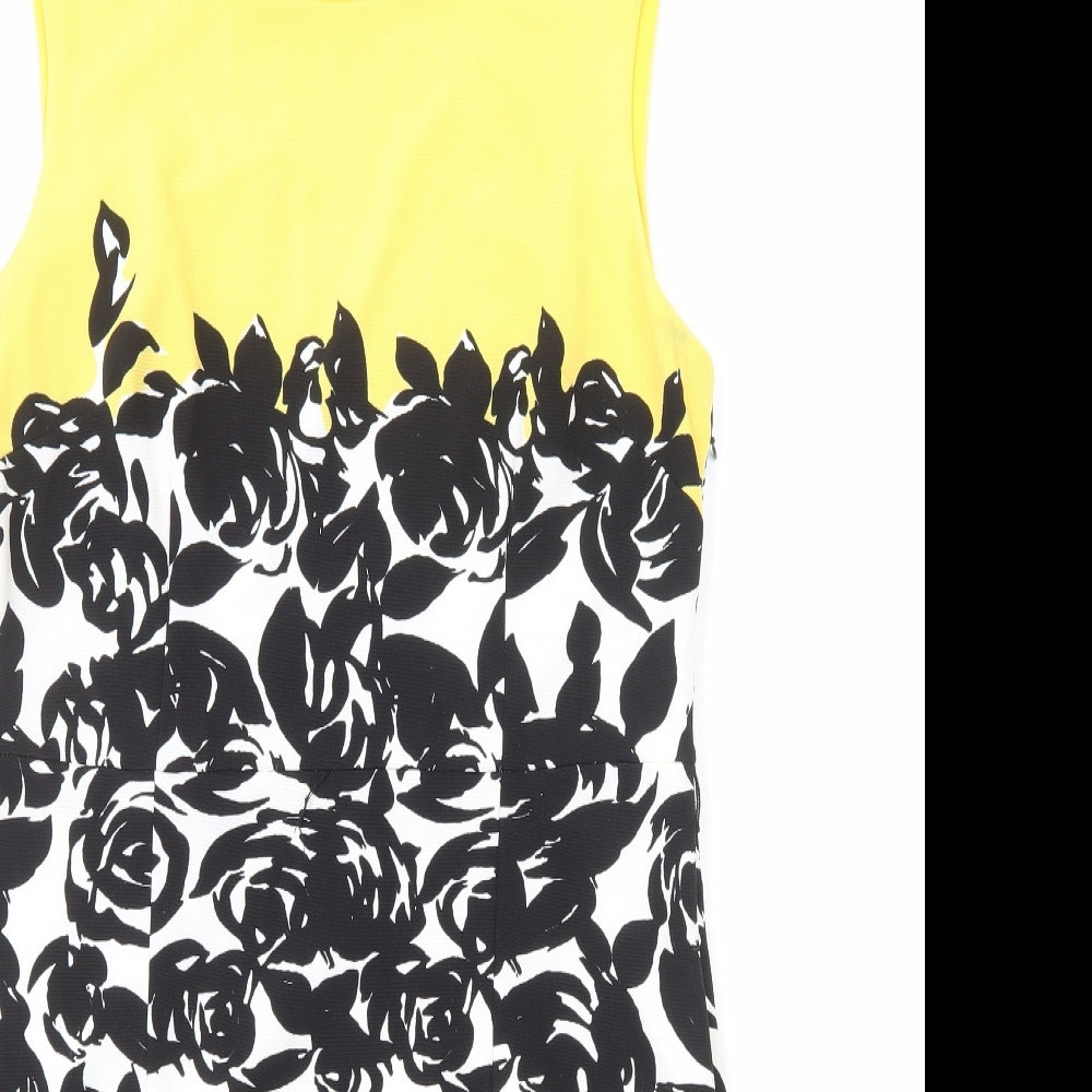 Peach Velvet Womens Yellow Floral Polyester Shift Size L Boat Neck Zip