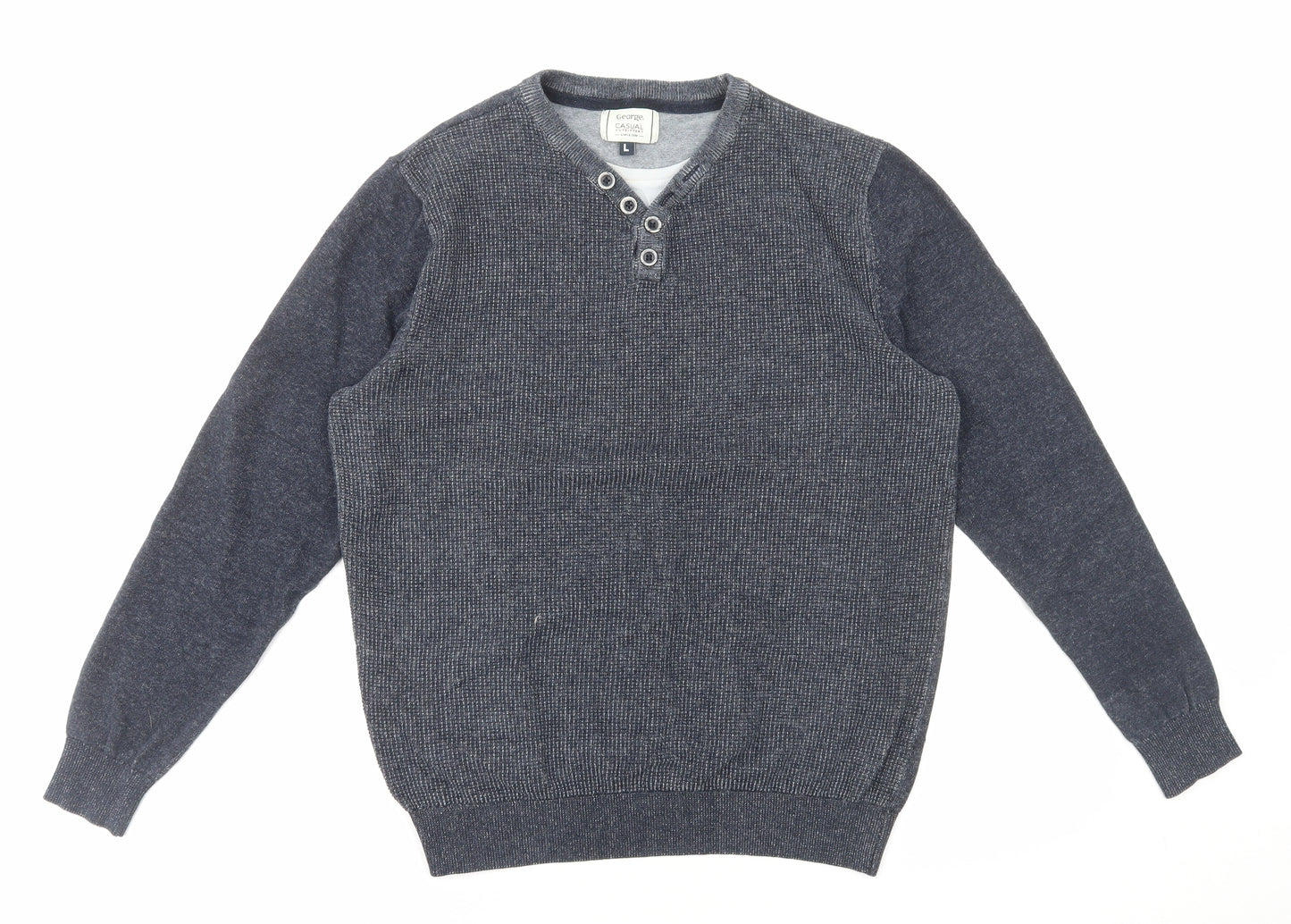 George Mens Blue V-Neck Cotton Pullover Jumper Size L Long Sleeve