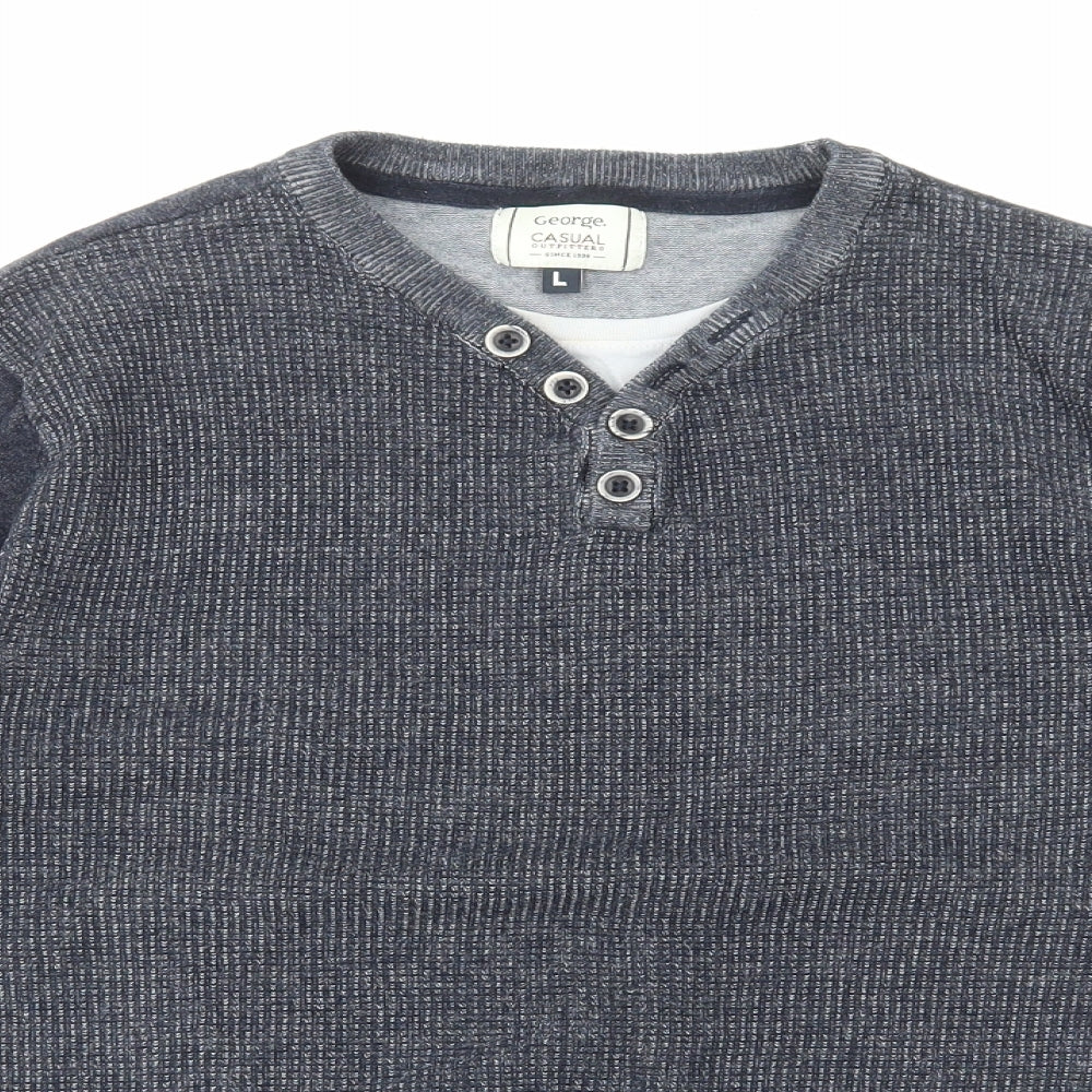 George Mens Blue V-Neck Cotton Pullover Jumper Size L Long Sleeve
