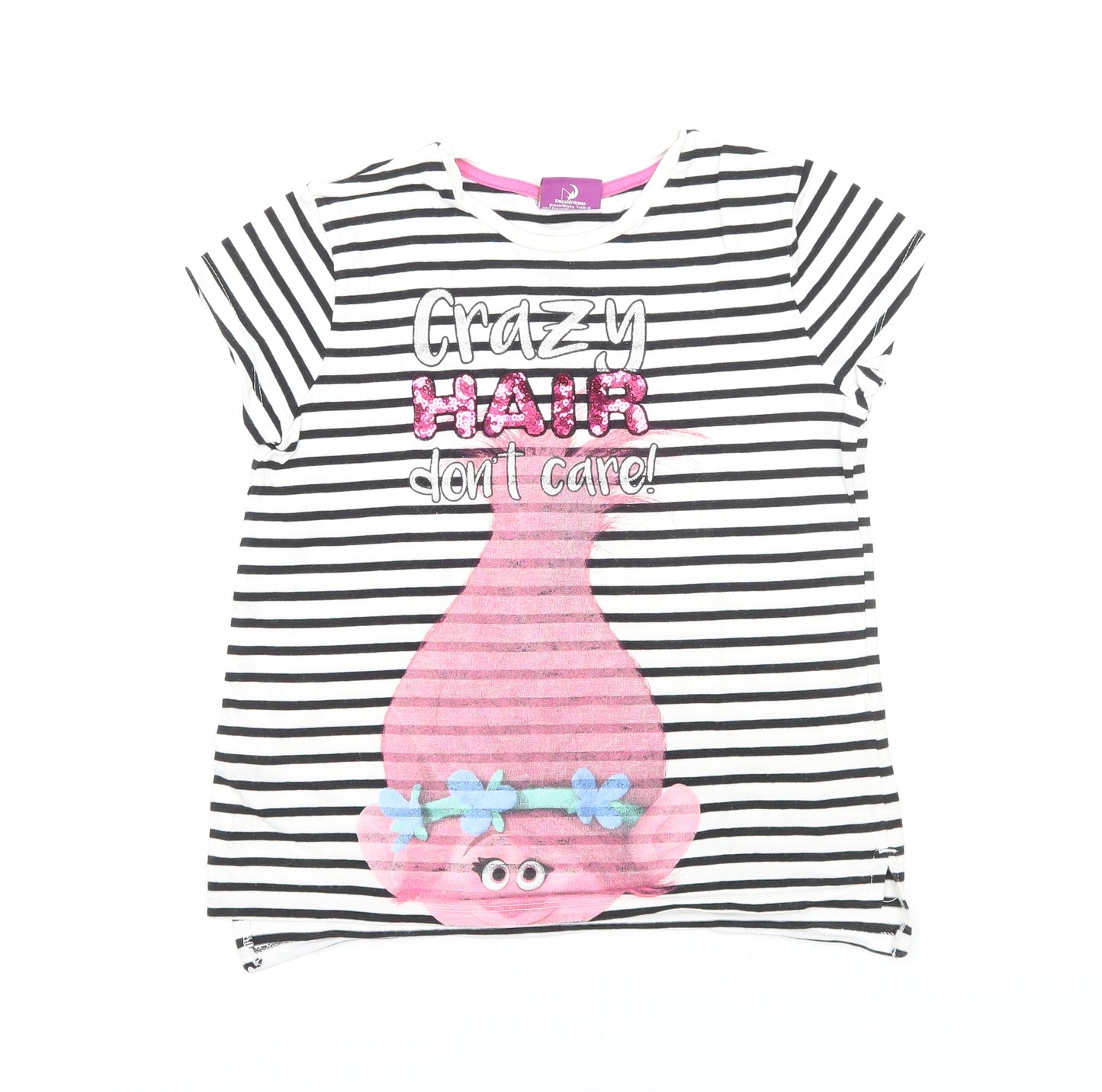 George Girls White Striped Viscose Basic T-Shirt Size 9-10 Years Round Neck Pullover - Trolls