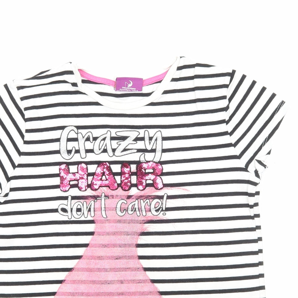 George Girls White Striped Viscose Basic T-Shirt Size 9-10 Years Round Neck Pullover - Trolls