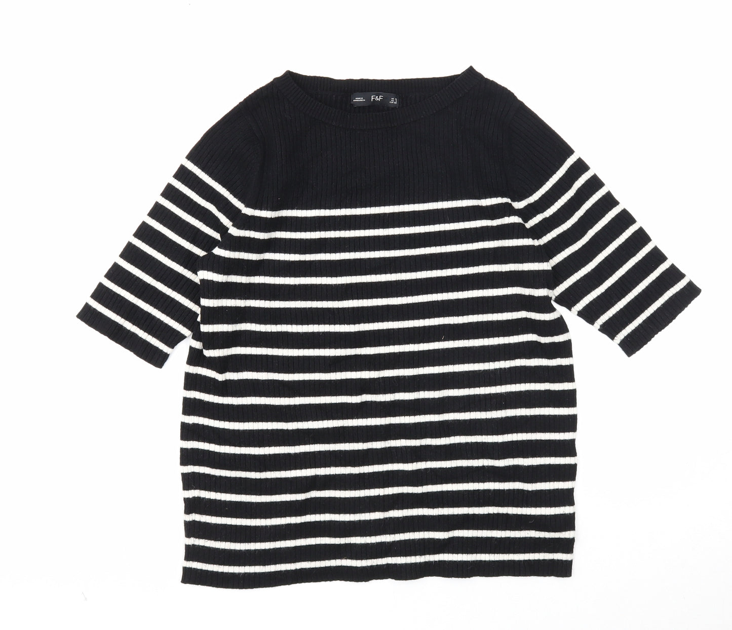 F&F Womens Black Boat Neck Striped Viscose Pullover Jumper Size 10