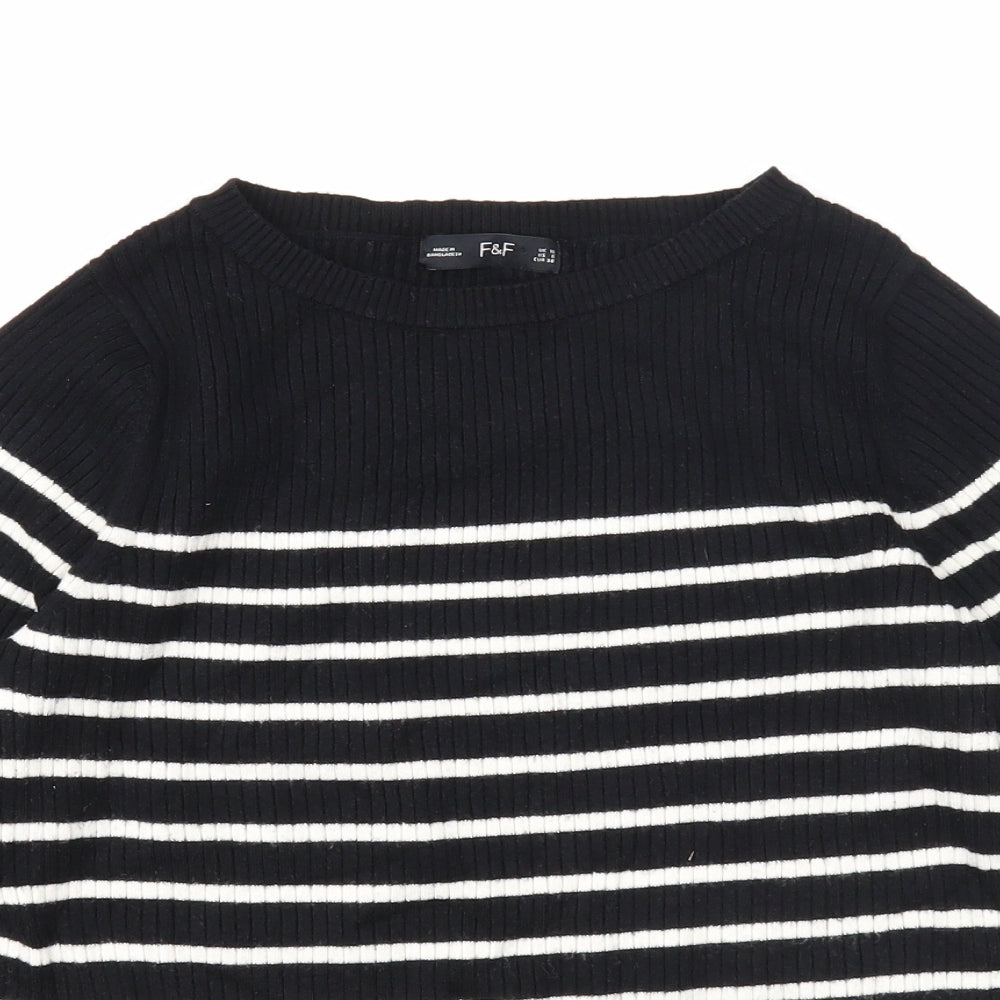 F&F Womens Black Boat Neck Striped Viscose Pullover Jumper Size 10