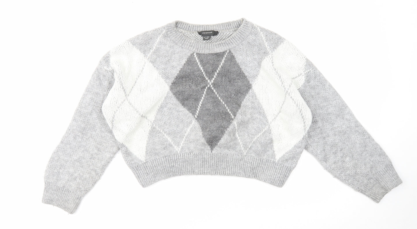 Primark Womens Grey Round Neck Argyle/Diamond Acrylic Pullover Jumper Size 10