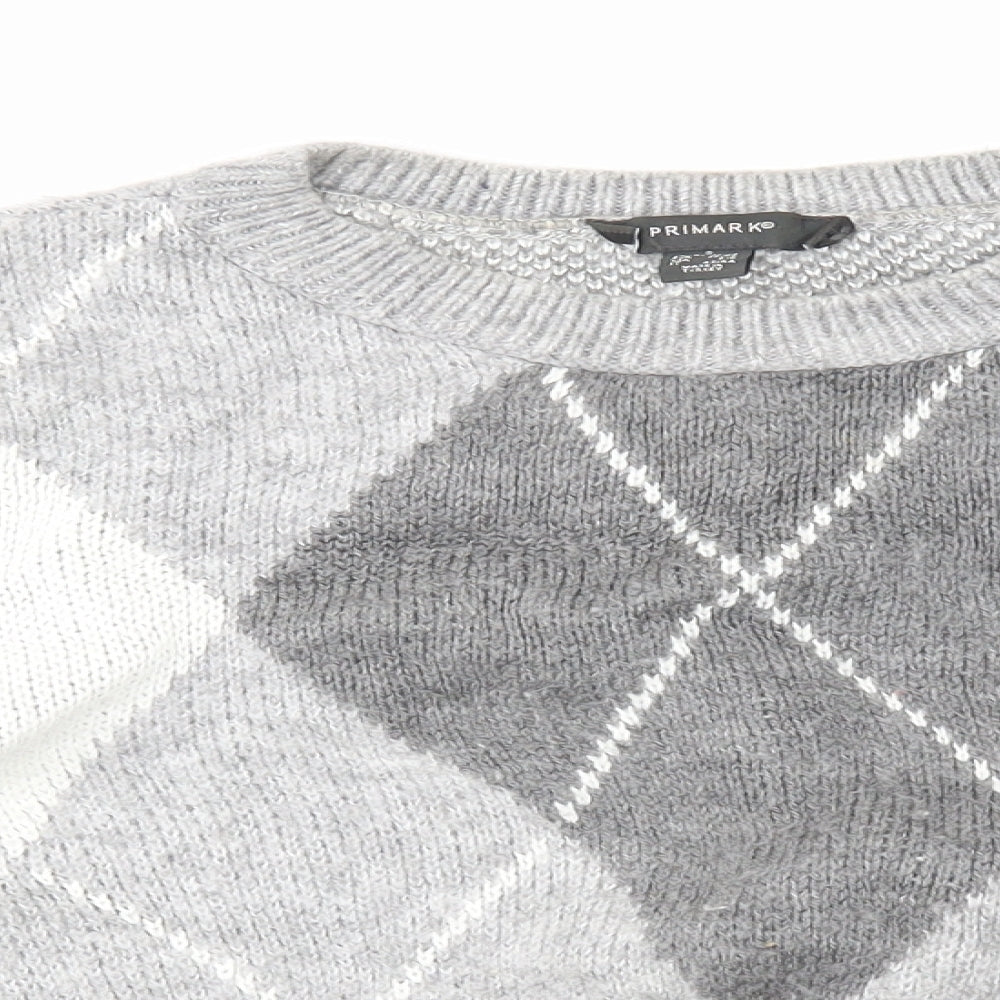 Primark Womens Grey Round Neck Argyle/Diamond Acrylic Pullover Jumper Size 10