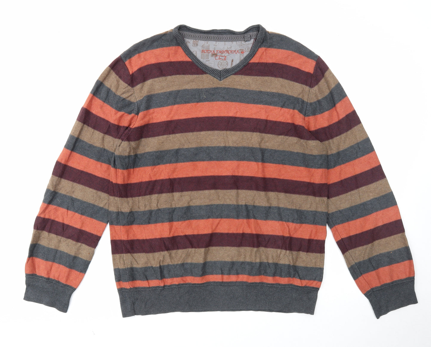 RJR.John Rocha Mens Multicoloured V-Neck Striped Cotton Pullover Jumper Size L Long Sleeve