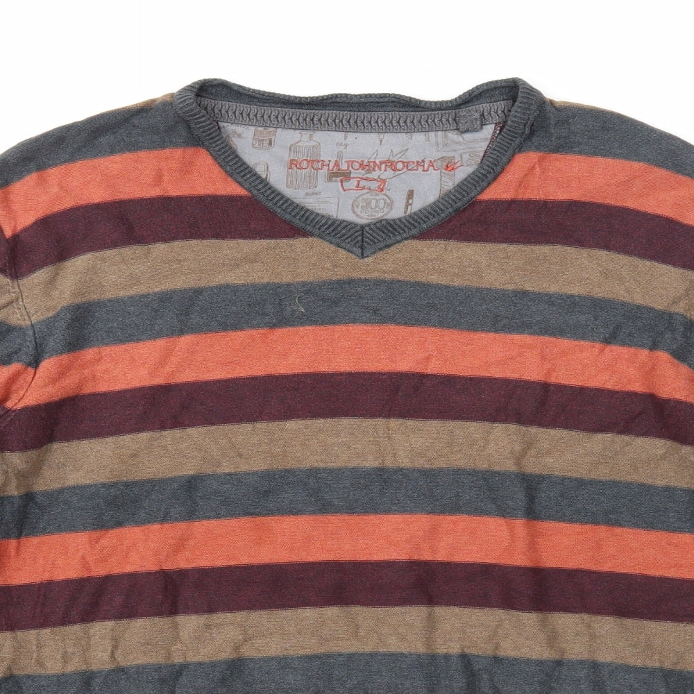 RJR.John Rocha Mens Multicoloured V-Neck Striped Cotton Pullover Jumper Size L Long Sleeve