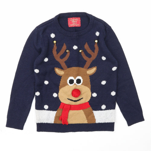 Primark Boys Blue Round Neck Acrylic Pullover Jumper Size 7-8 Years Pullover - Reindeer
