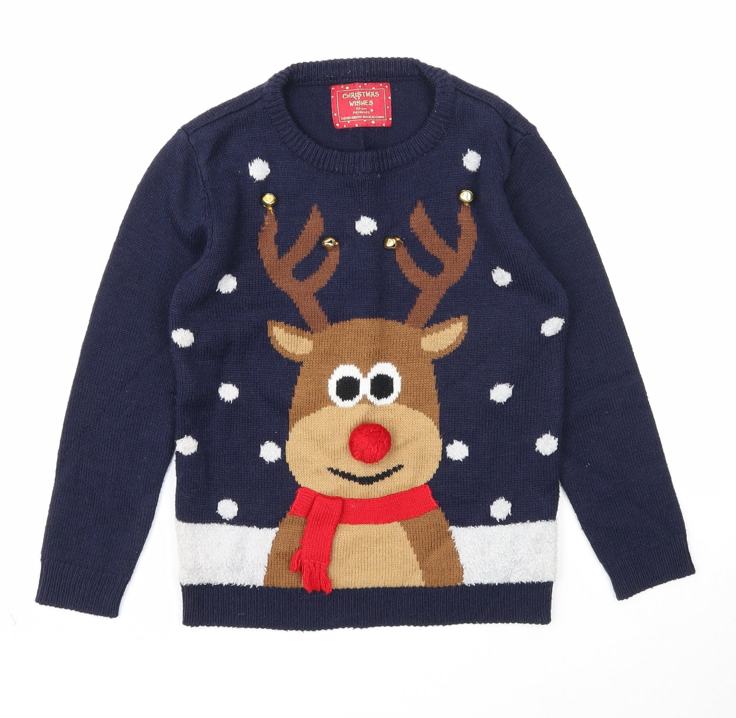 Primark Boys Blue Round Neck Acrylic Pullover Jumper Size 7-8 Years Pullover - Reindeer