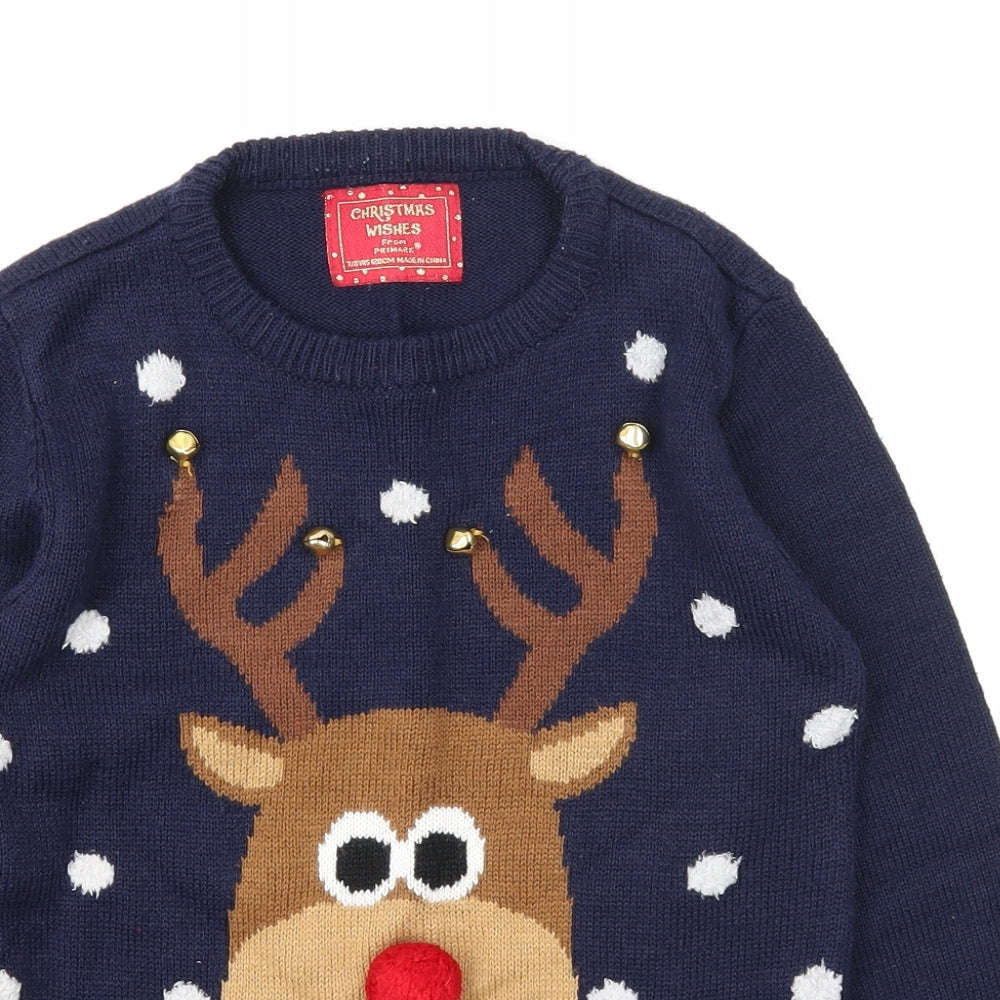 Primark Boys Blue Round Neck Acrylic Pullover Jumper Size 7-8 Years Pullover - Reindeer