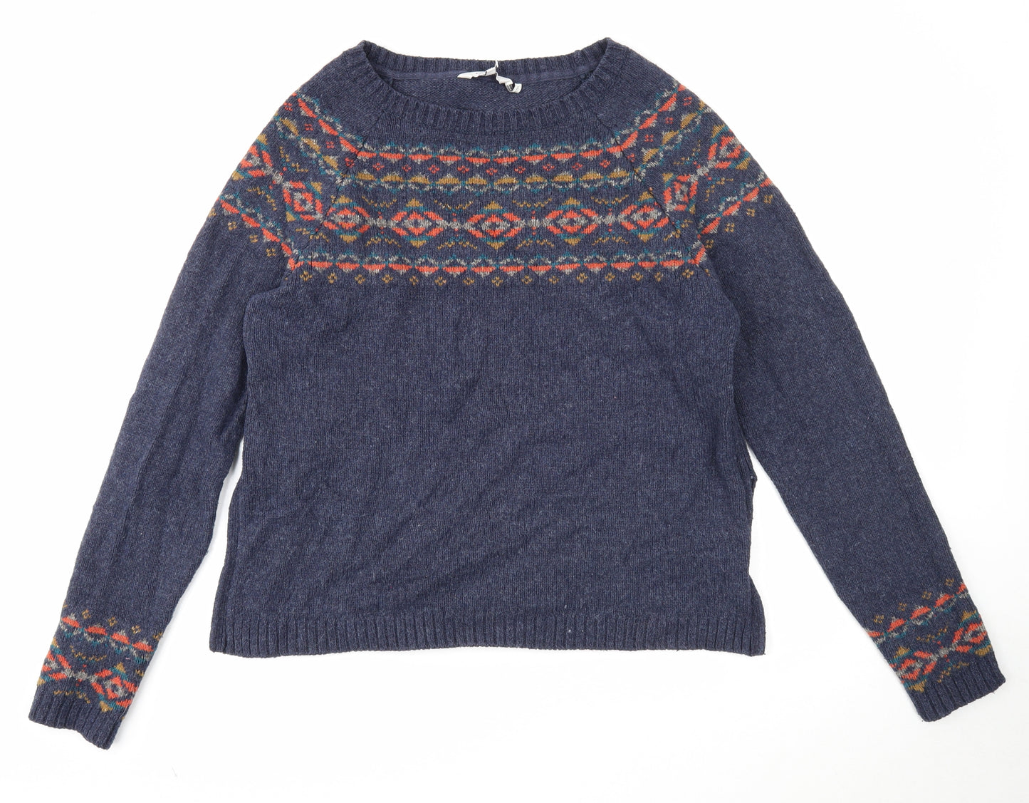 Fat Face Womens Blue Boat Neck Fair Isle Cotton Pullover Jumper Size 14