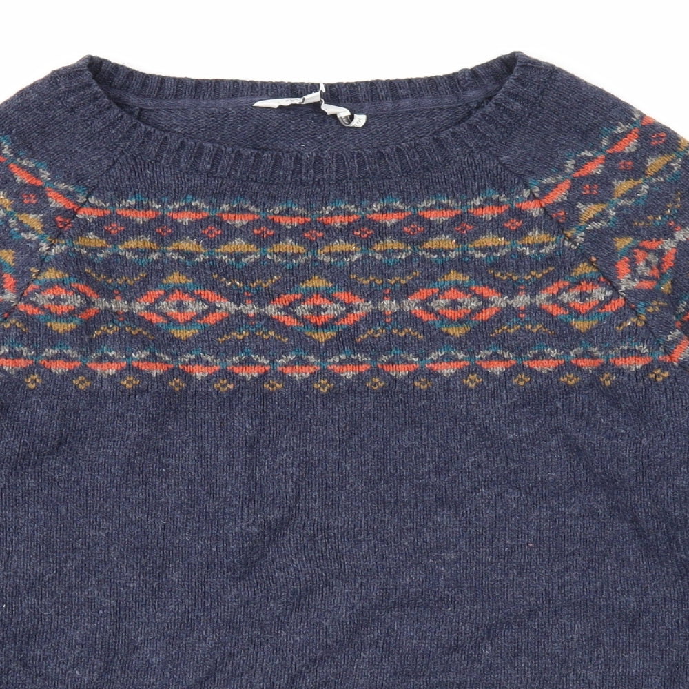 Fat Face Womens Blue Boat Neck Fair Isle Cotton Pullover Jumper Size 14