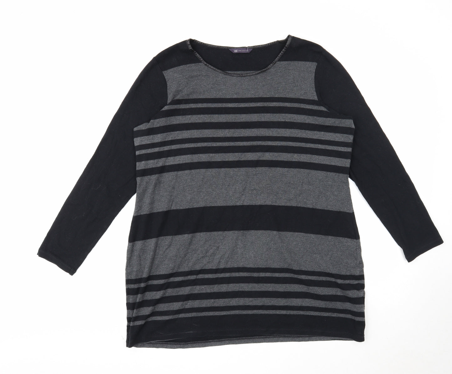 Marks and Spencer Womens Black Scoop Neck Striped Cotton Pullover Jumper Size 18 - Leatherette Trim
