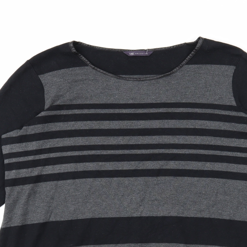 Marks and Spencer Womens Black Scoop Neck Striped Cotton Pullover Jumper Size 18 - Leatherette Trim