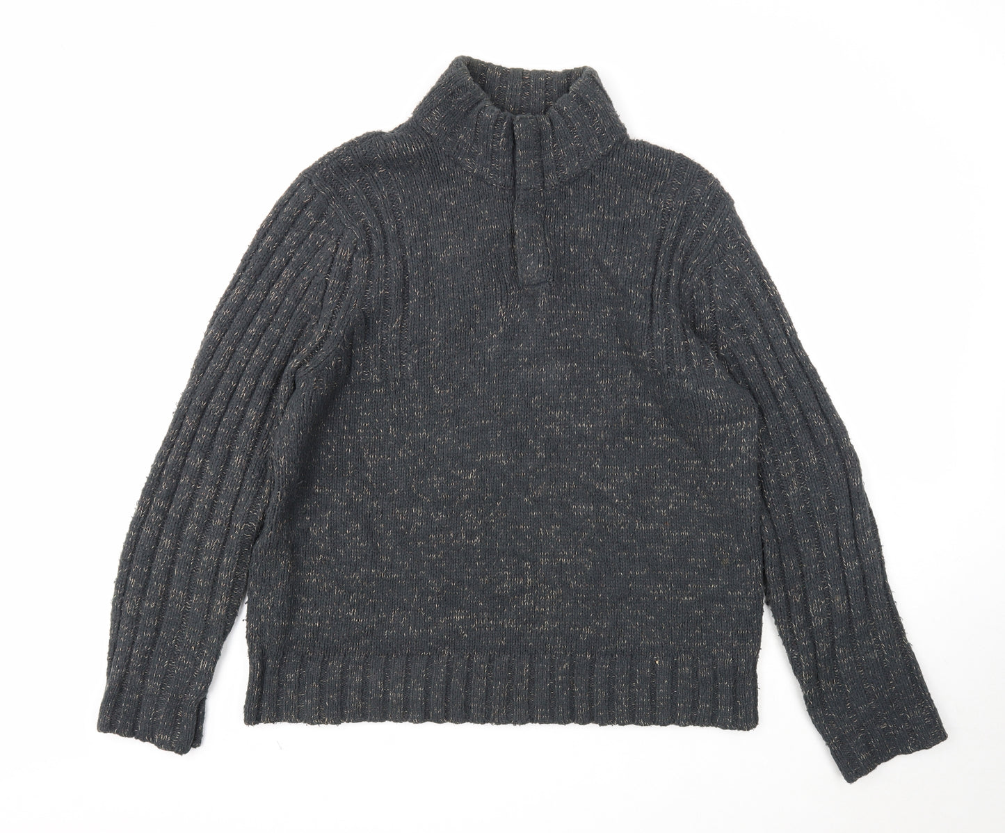 Marks and Spencer Mens Grey High Neck Acrylic Henley Jumper Size L Long Sleeve