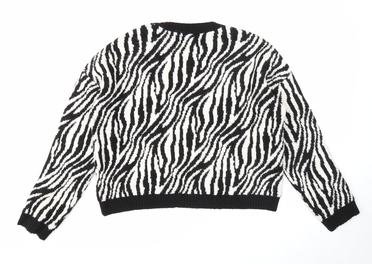 Stradviarius Womens Black Round Neck Animal Print Acrylic Pullover Jumper Size S - Zebra print